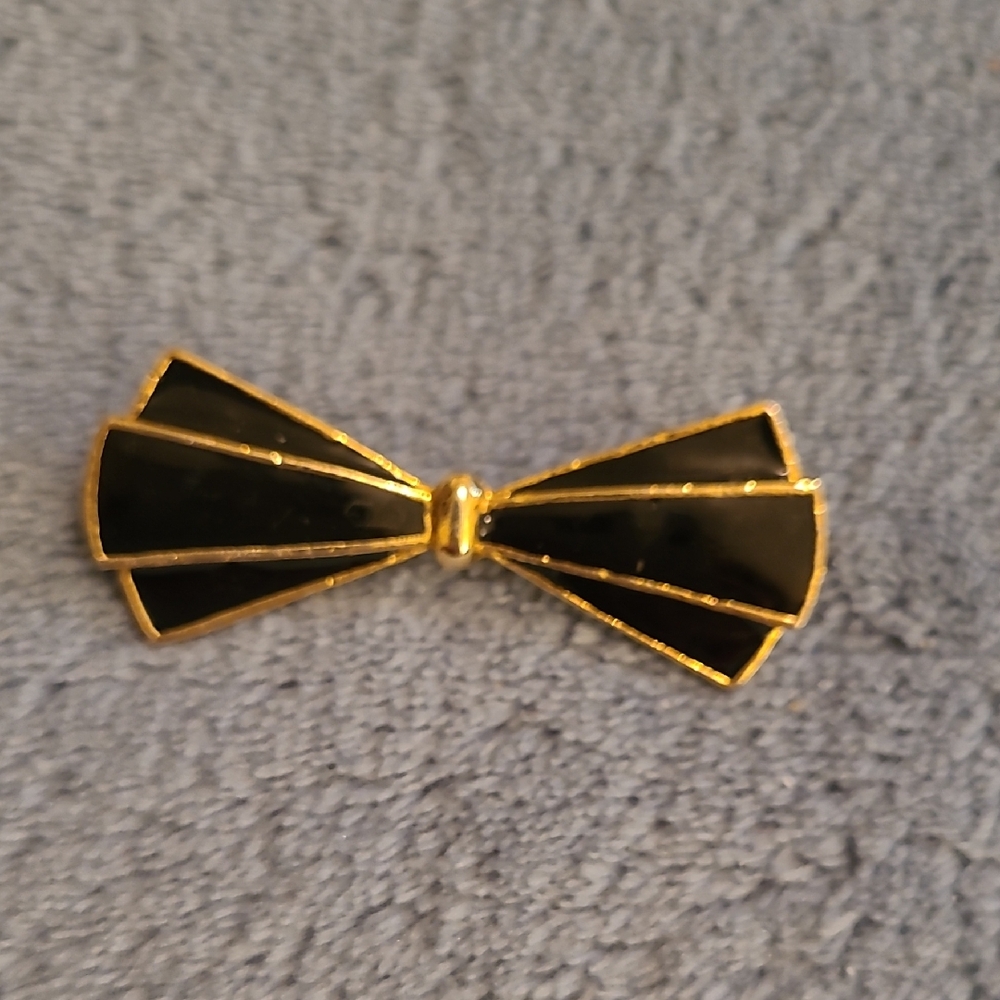 2/$22 Art Deco Inspired Black Enamel and Goldtone Bow Brooch